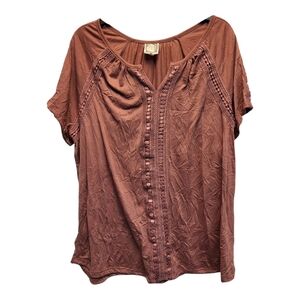 Truself Pink Crinkle Short Sleeve V-neck Blouse with Lace Trim- Size 2X